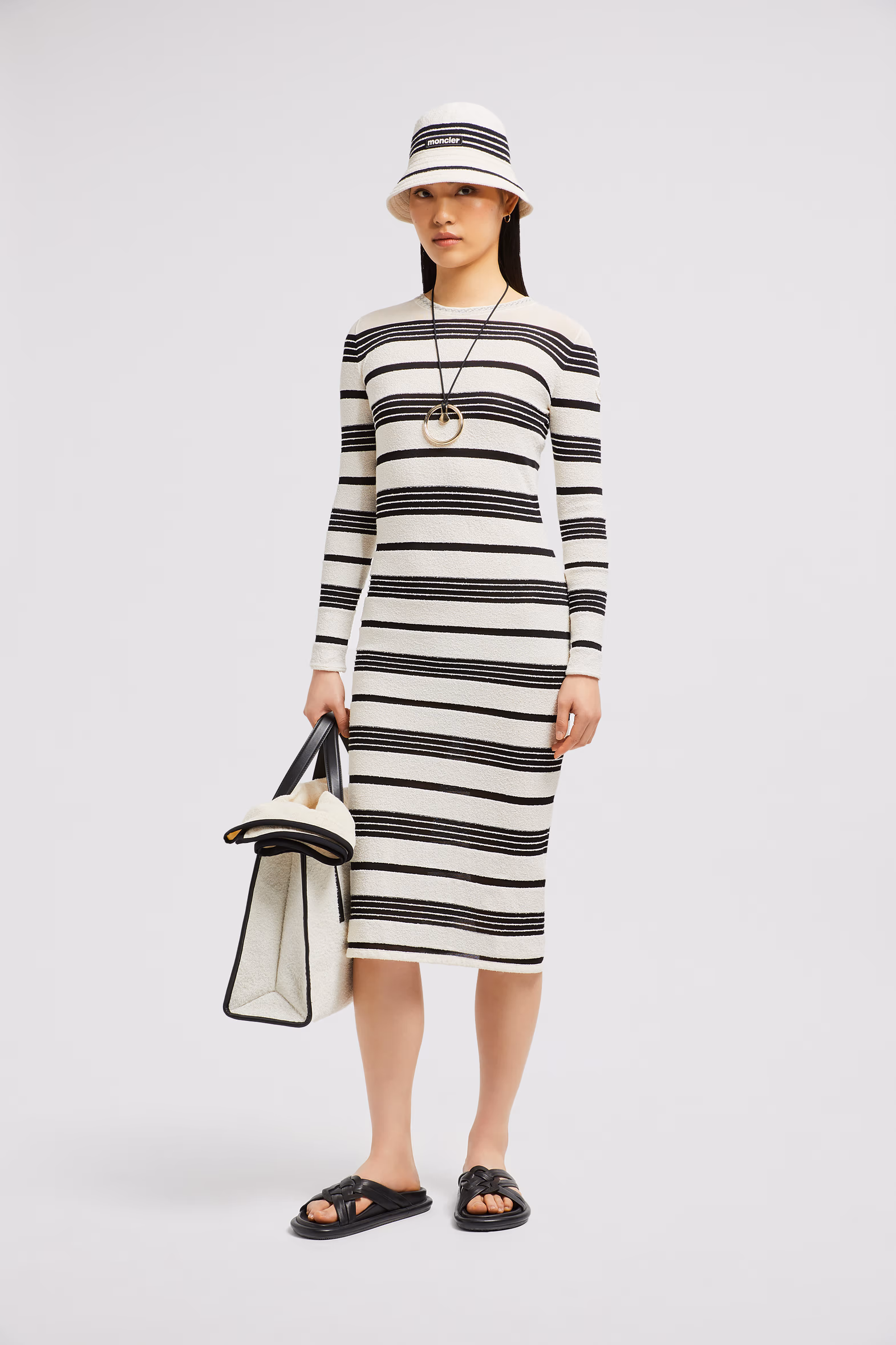 Striped Bouclé Midi Dress Women Black & White Moncler